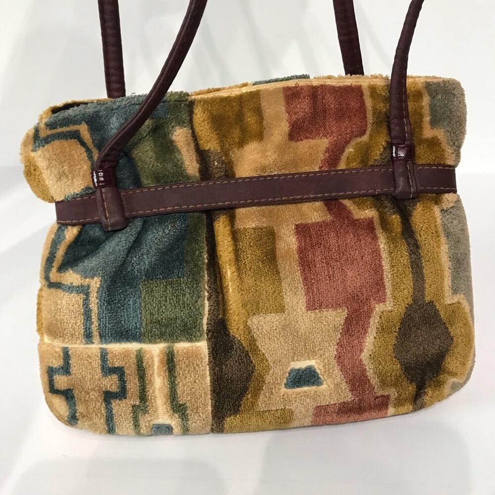 Vintage 70s Carpet Bag Purse Patchwork Southwestern Double Shoulder Strap Tan - Picture 6 of 15